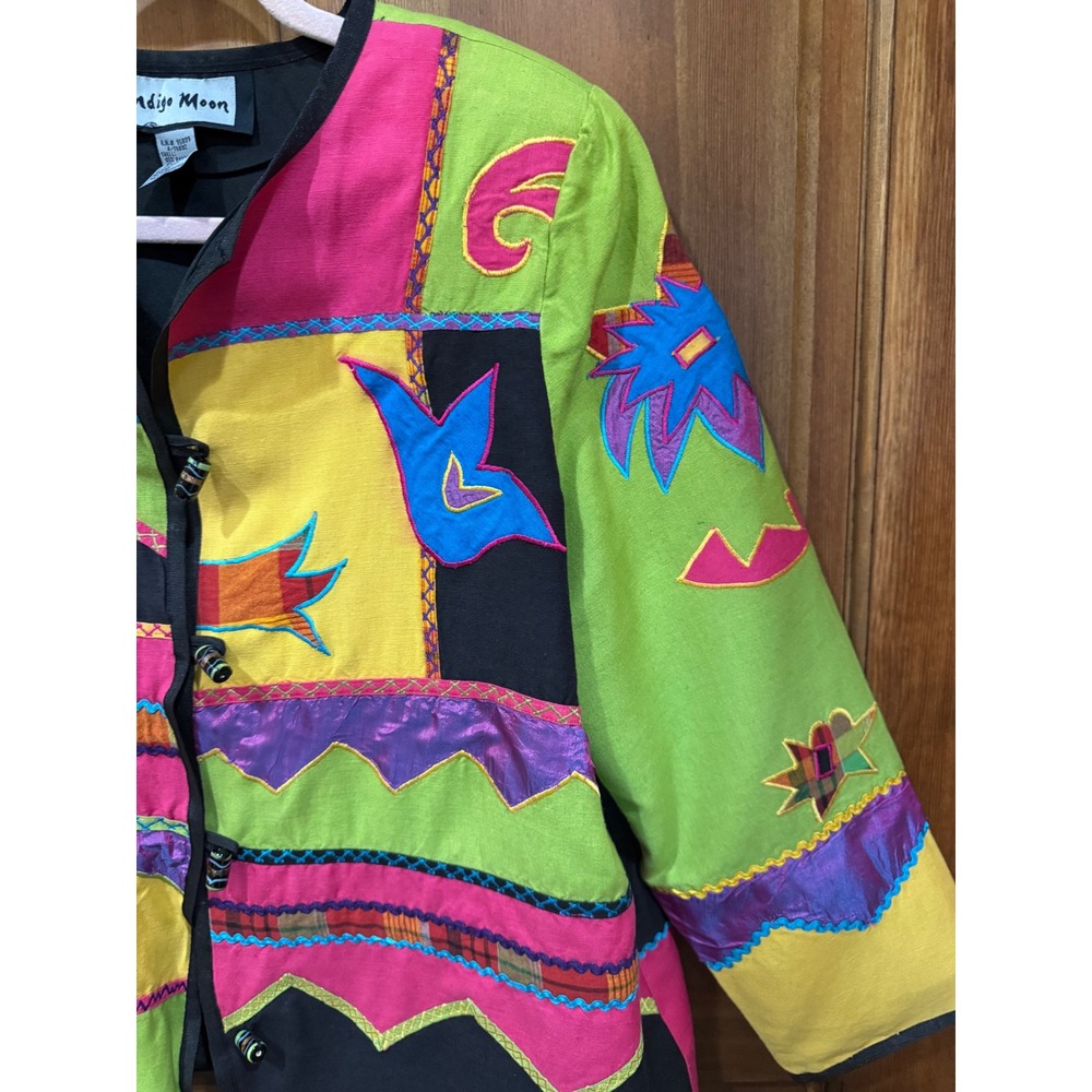 Indigo Moon Vintage Colorful Patchwork Embroidered Jacket Button Front Women's M - Picture 5 of 7